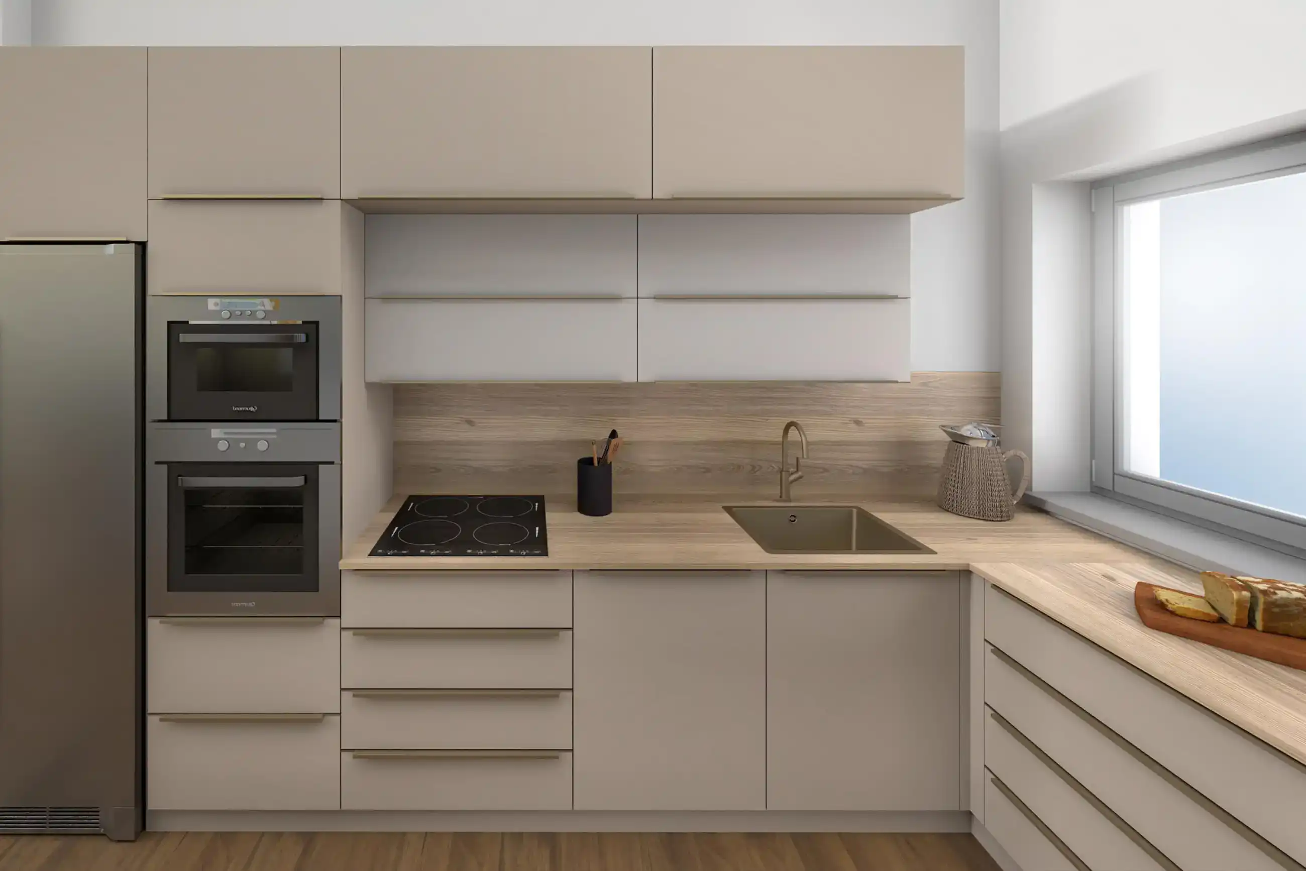 Design interiéru bytu s dřevěnou kuchyní.