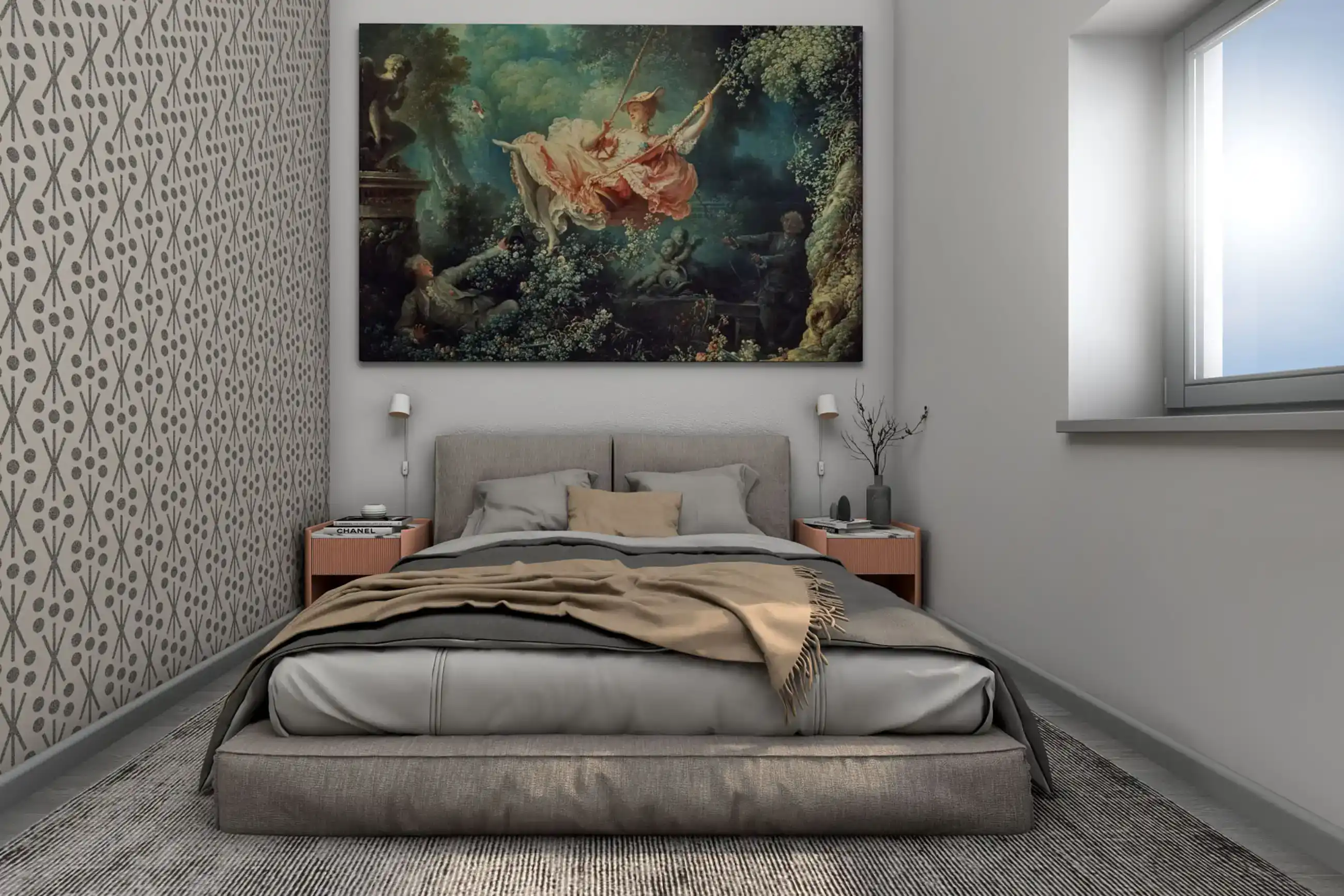 Ložnice s emocí - 3D návrh ložnice s velkým výrazným obrazem.