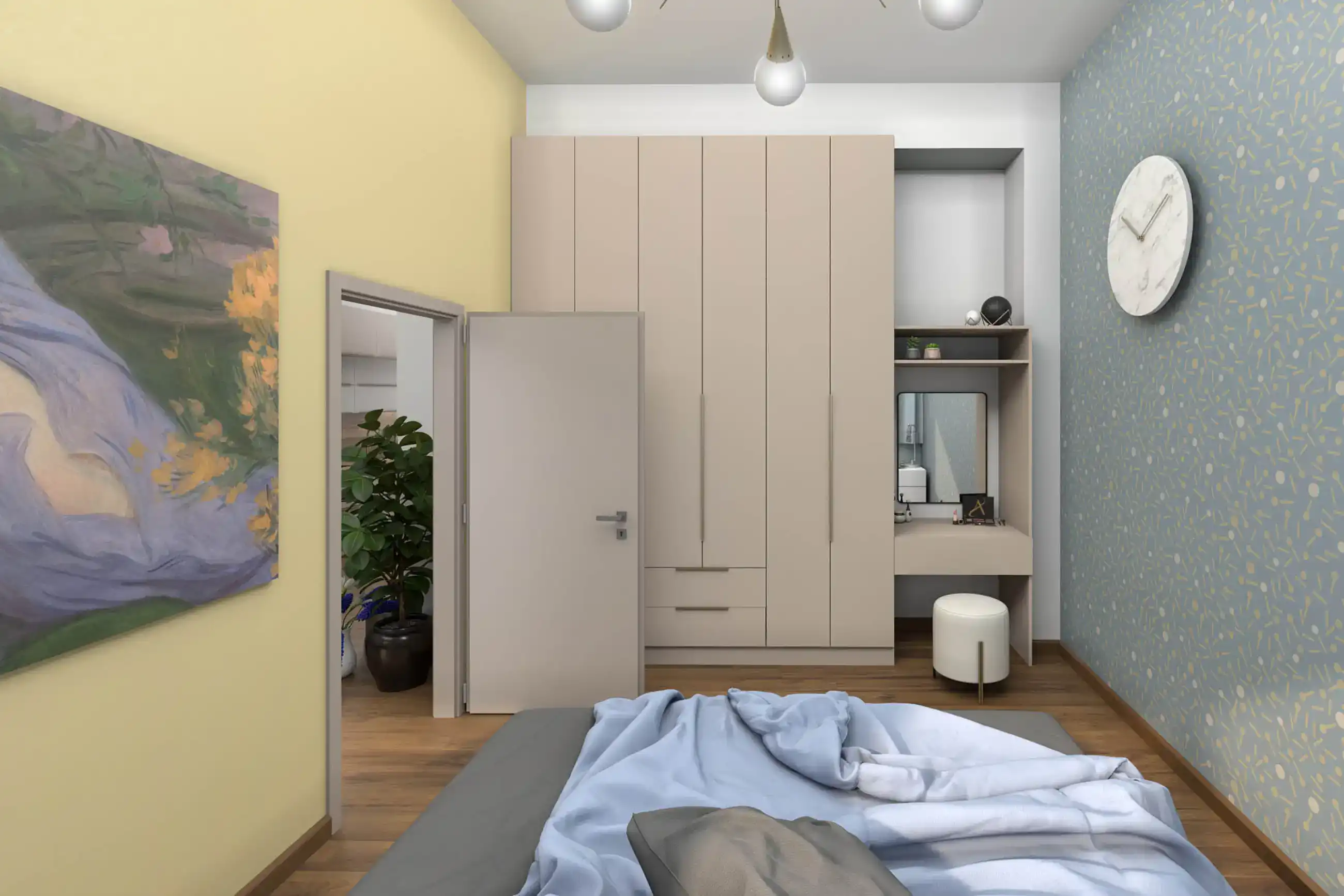 Jemná ložnice - design interéru s elegantními prvky a barvami.